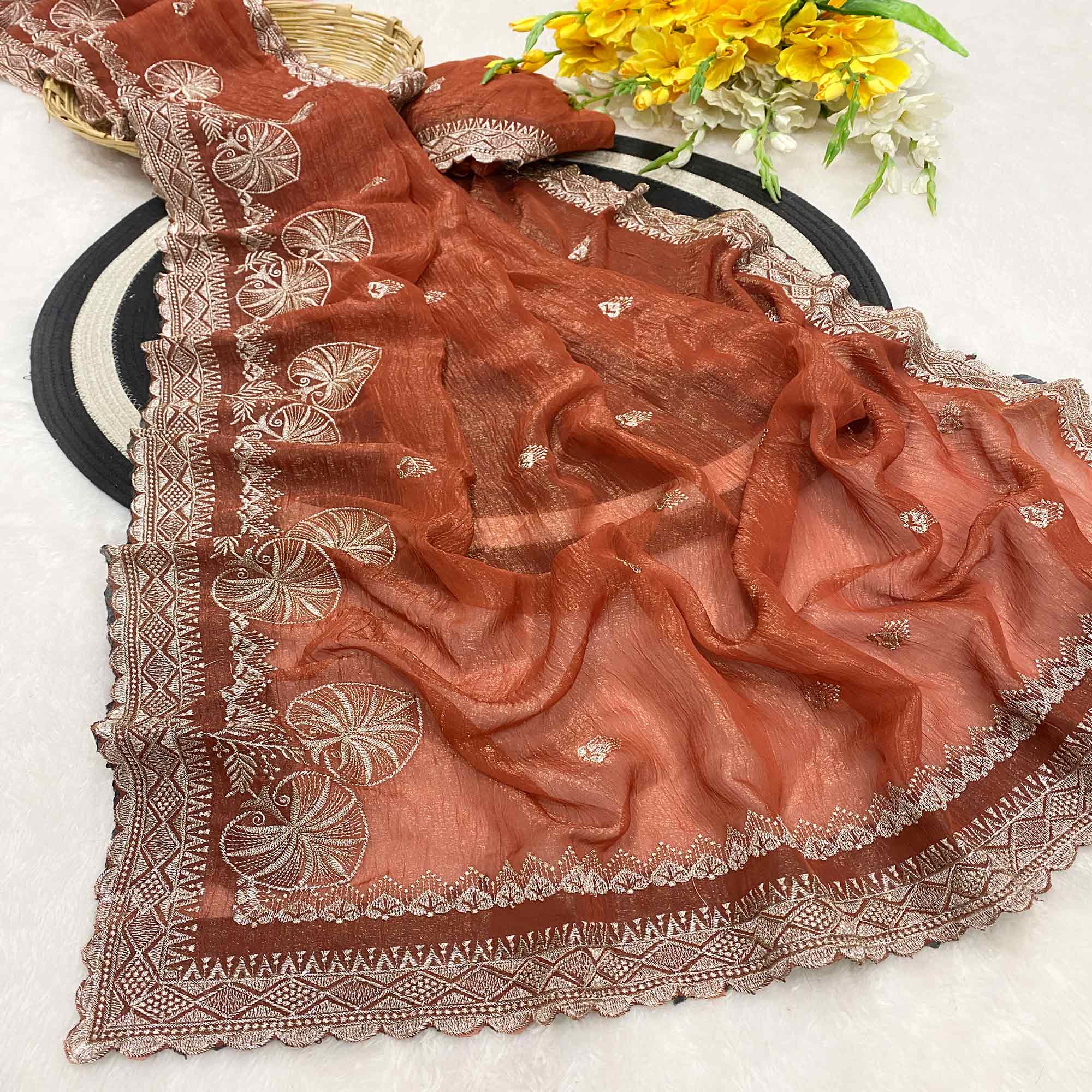 Rust Thread Work Chiffon Silk Saree Premium Crunchy Texture Festive Wear