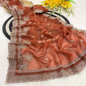 Rust Thread Work Chiffon Silk Saree Premium Crunchy Texture Festive Wear