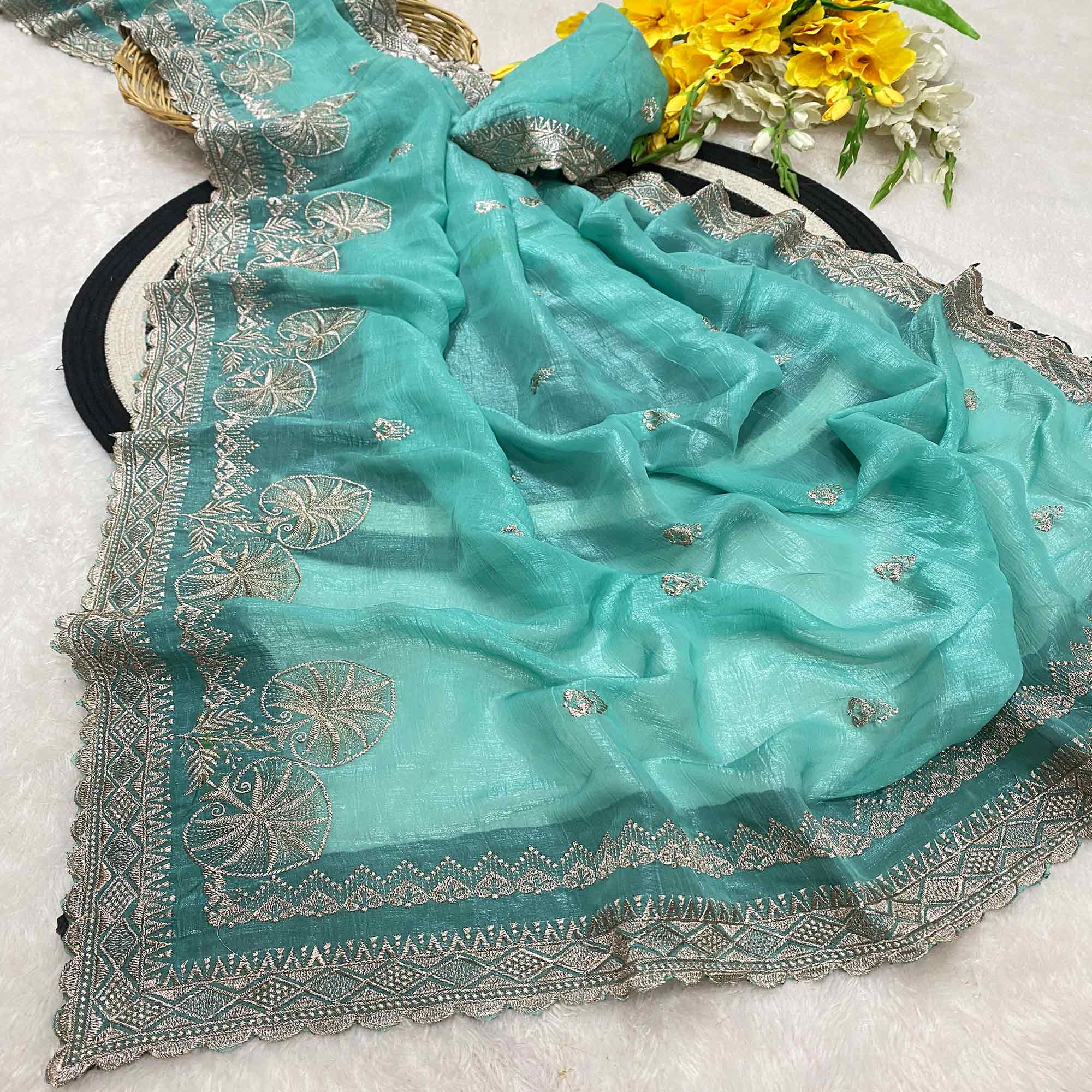 Turquoise Thread Work Chiffon Silk Saree Premium Crunchy Texture Festive Wear