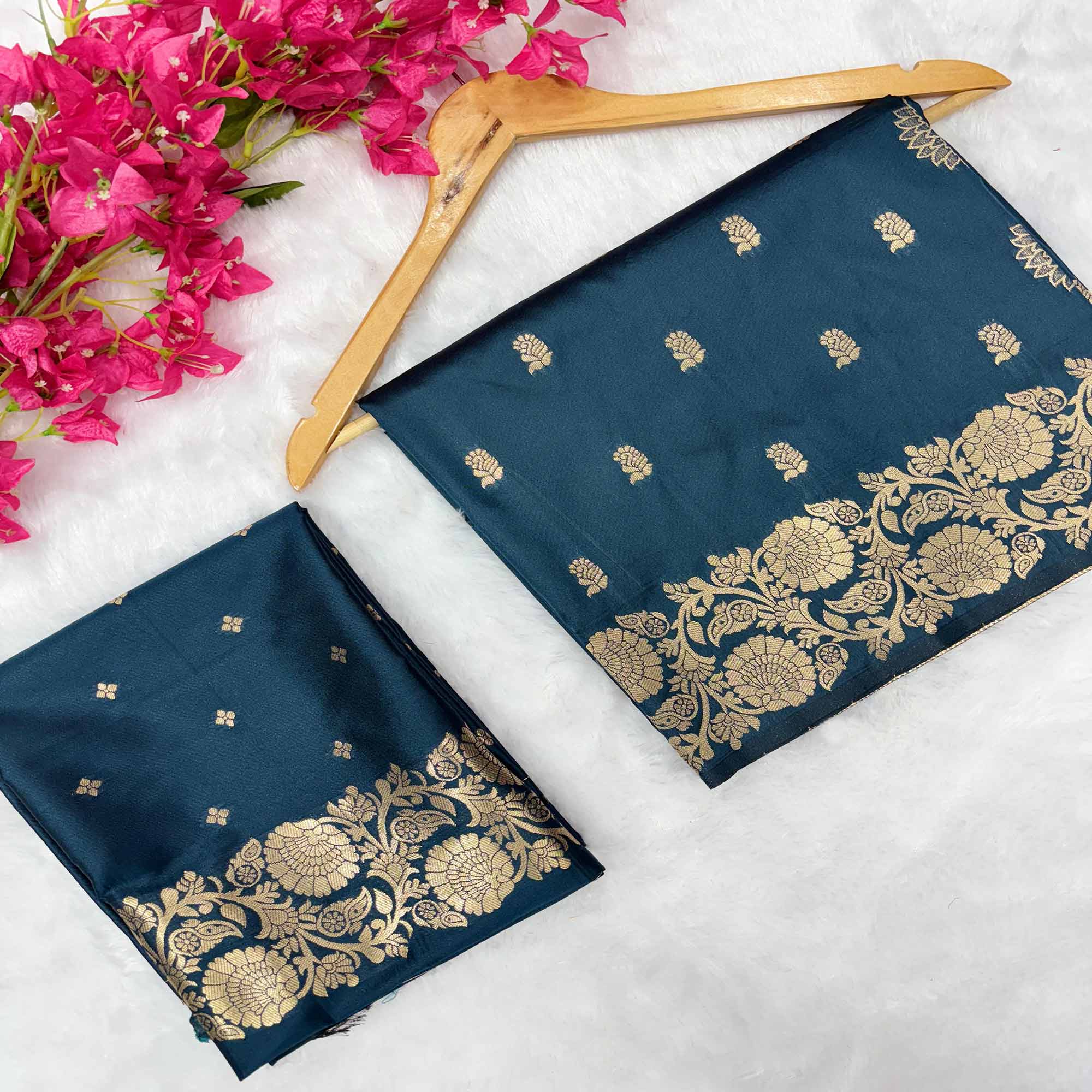 Dark Teal Banarasi Silk Saree with Traditional Weaving