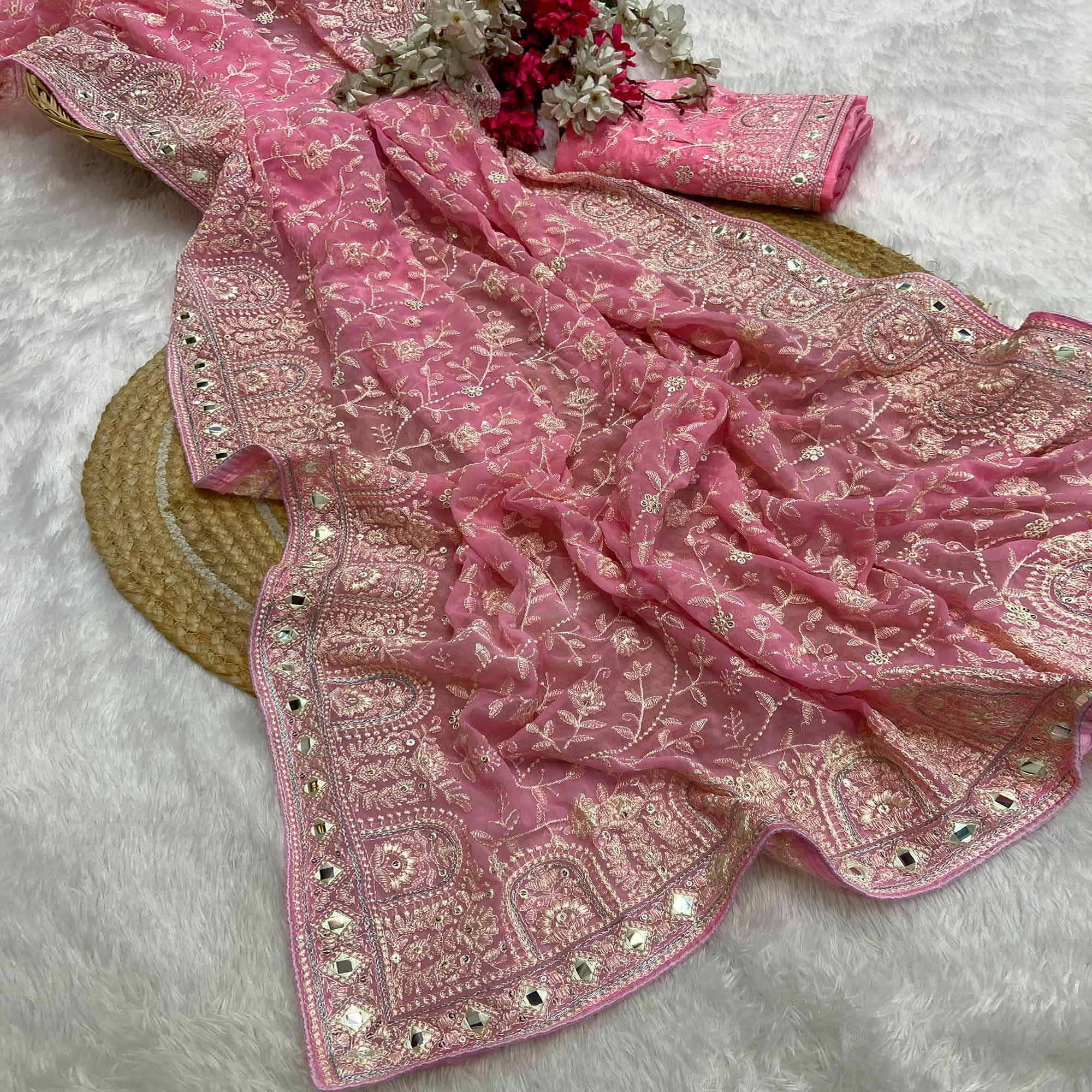 Baby Pink Floral Embroidered Georgette Saree With Sequin Highlights