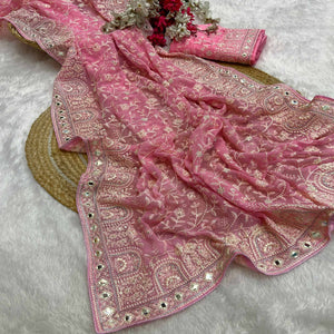 Baby Pink Floral Embroidered Georgette Saree With Sequin Highlights