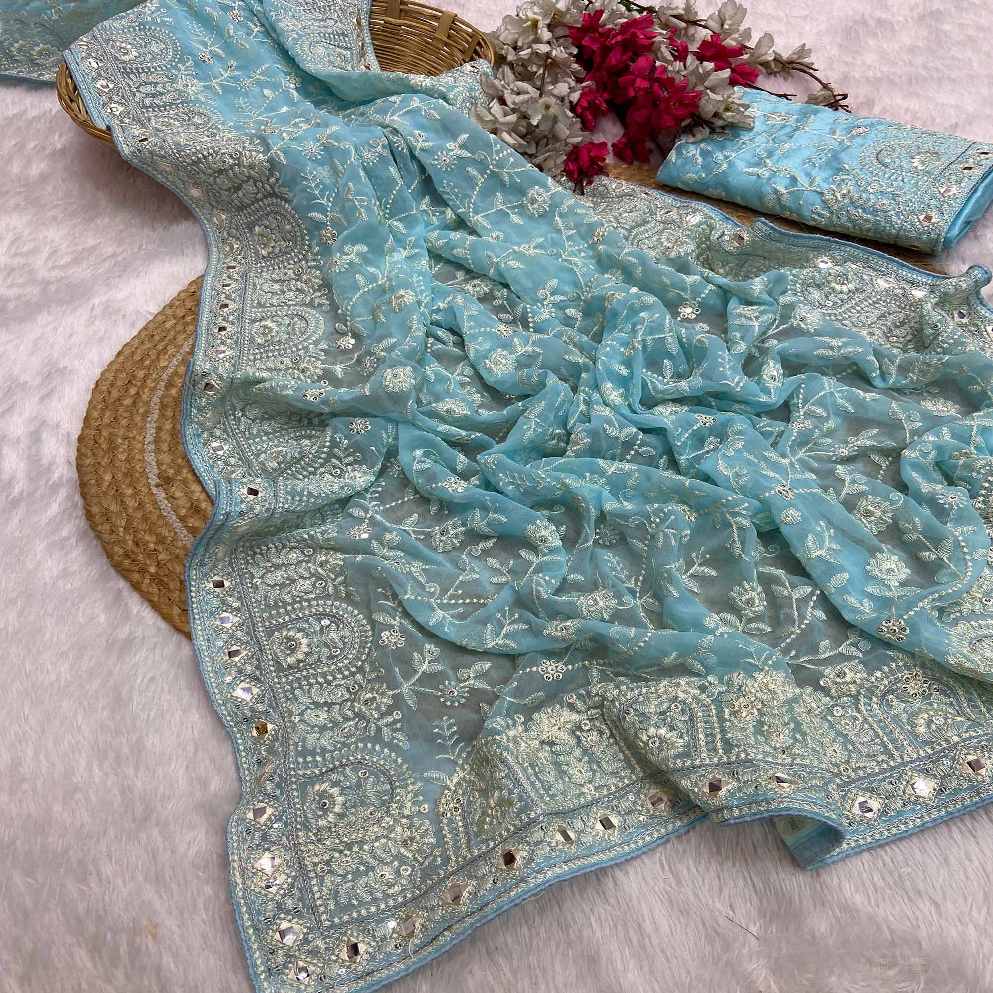 Blue Floral Embroidered Georgette Saree With Sequin Highlights