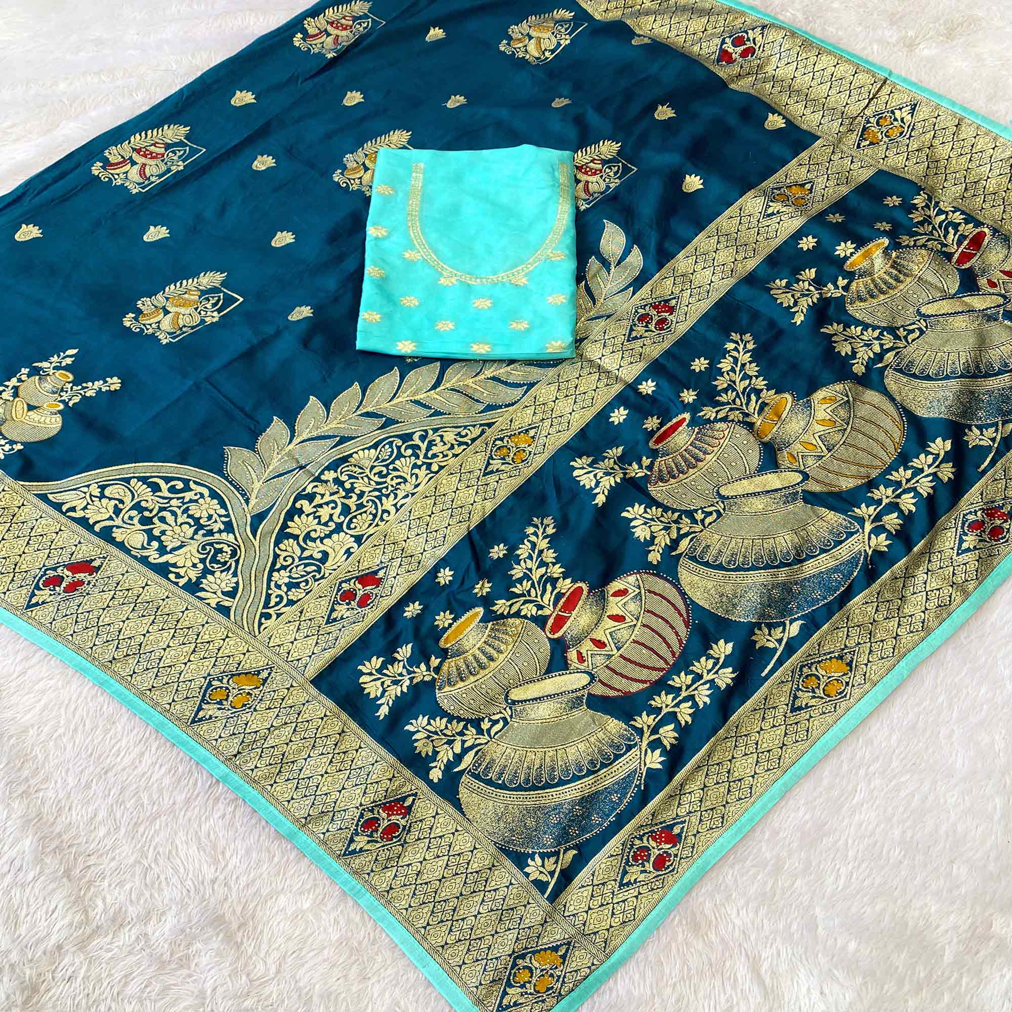 Blue Dola Silk Saree With Intricate Floral Zari Weaving Elegance