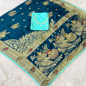 Blue Dola Silk Saree With Intricate Floral Zari Weaving Elegance