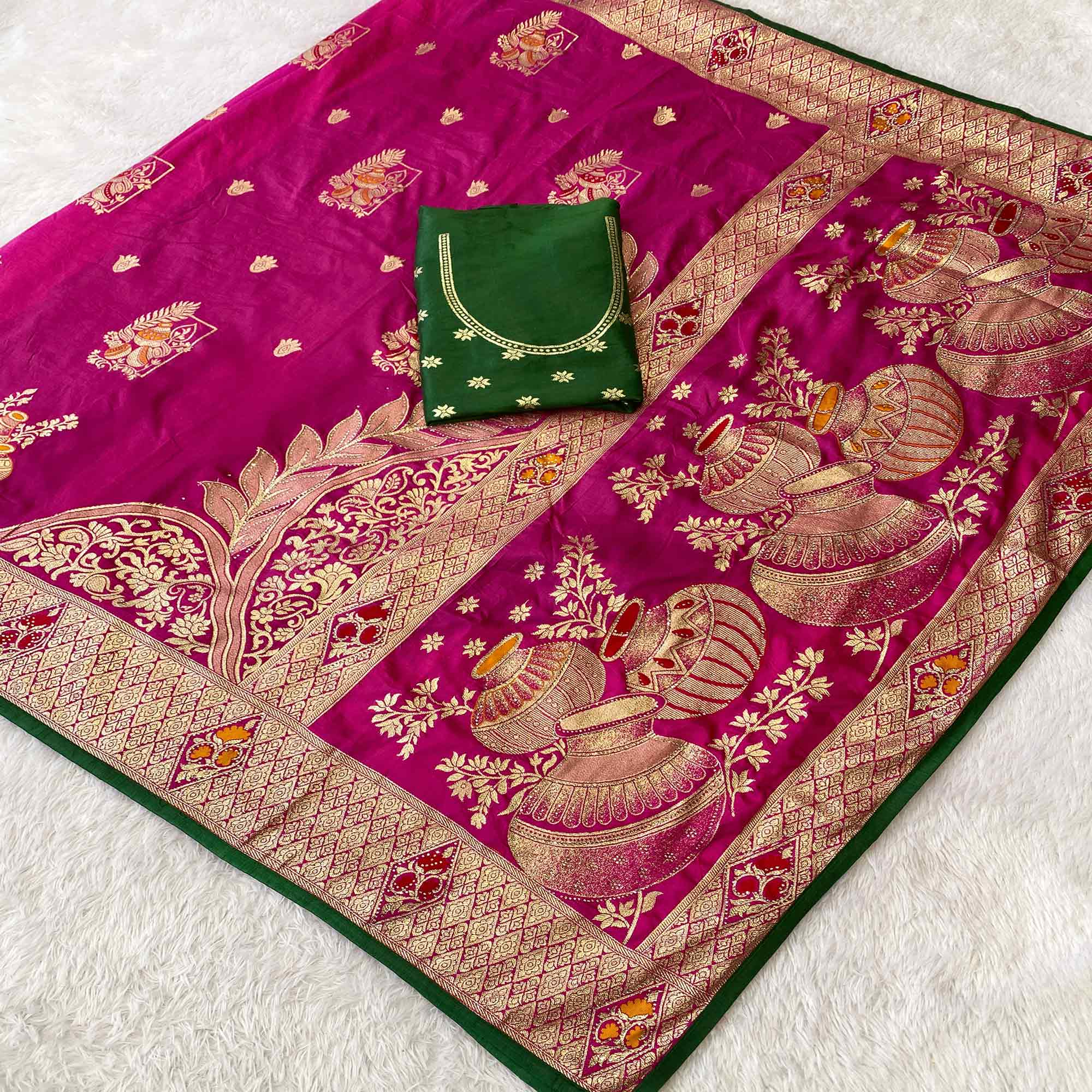 Rani Pink Dola Silk Saree With Intricate Floral Zari Weaving Elegance