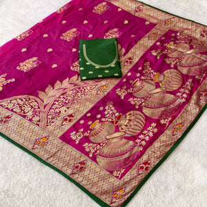 Rani Pink Dola Silk Saree With Intricate Floral Zari Weaving Elegance