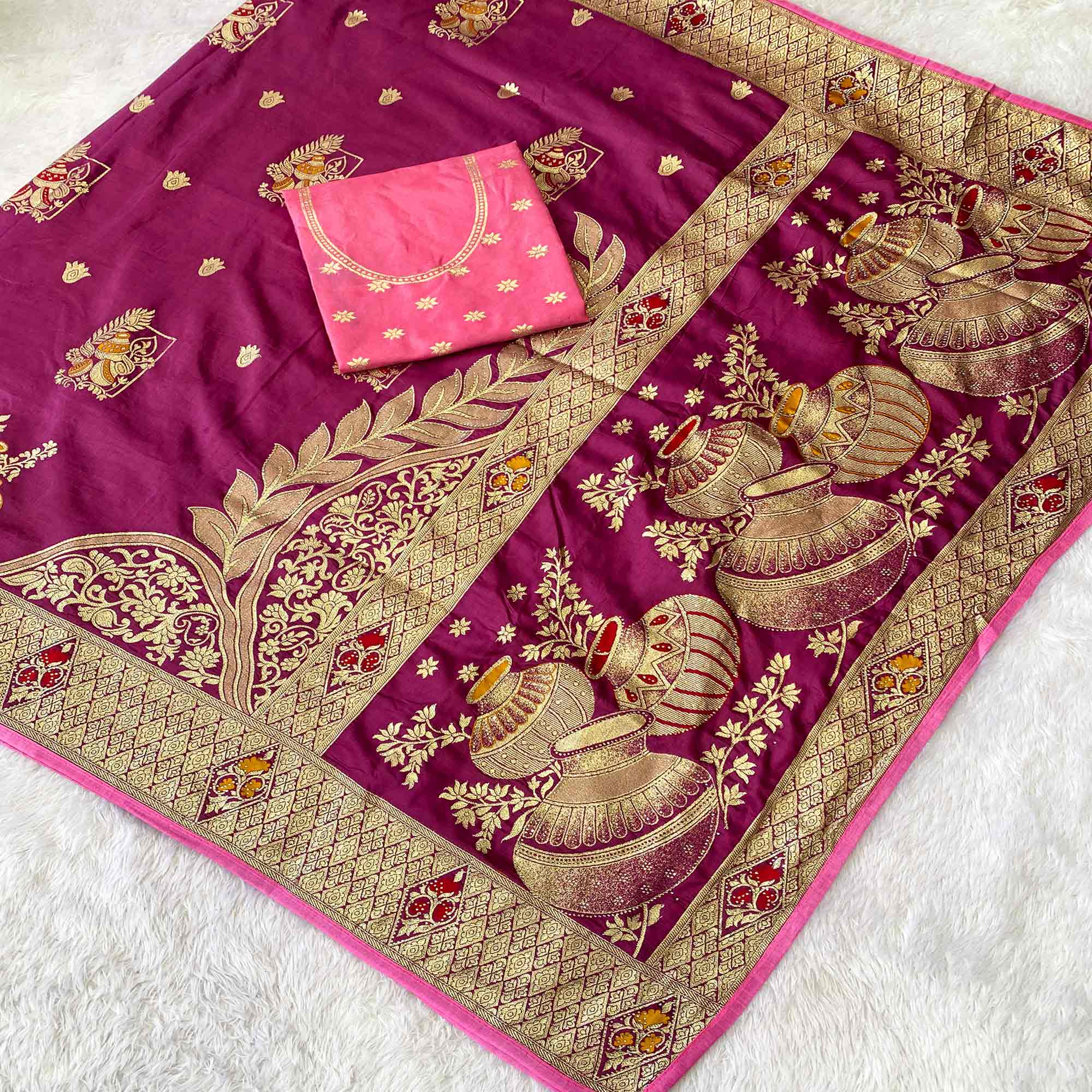 Wine Dola Silk Saree With Intricate Floral Zari Weaving Elegance