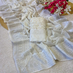 White Solid Satin Rangoli Saree Enhanced with Intricate Embroidered Border Work