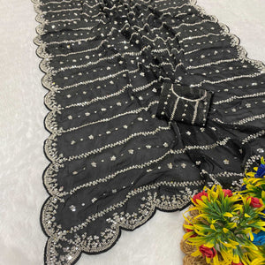 Black Designer Satin Partywear Saree Enhanced with Sparkling Sequins Work