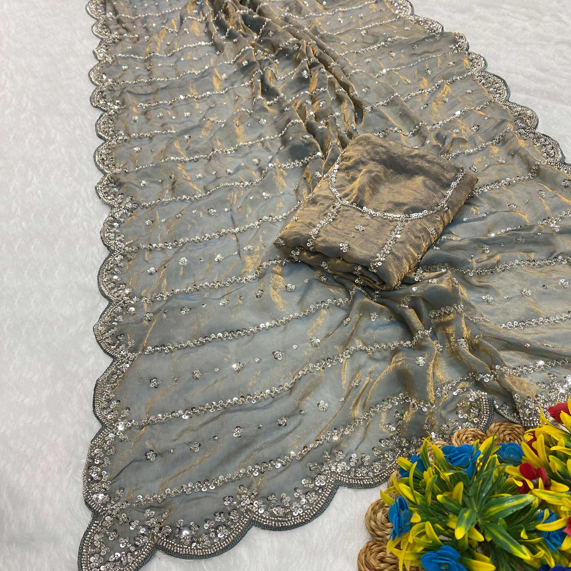 Grey Designer Satin Partywear Saree Enhanced with Sparkling Sequins Work