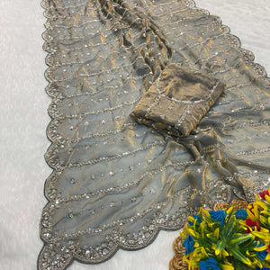Grey Designer Satin Partywear Saree Enhanced with Sparkling Sequins Work