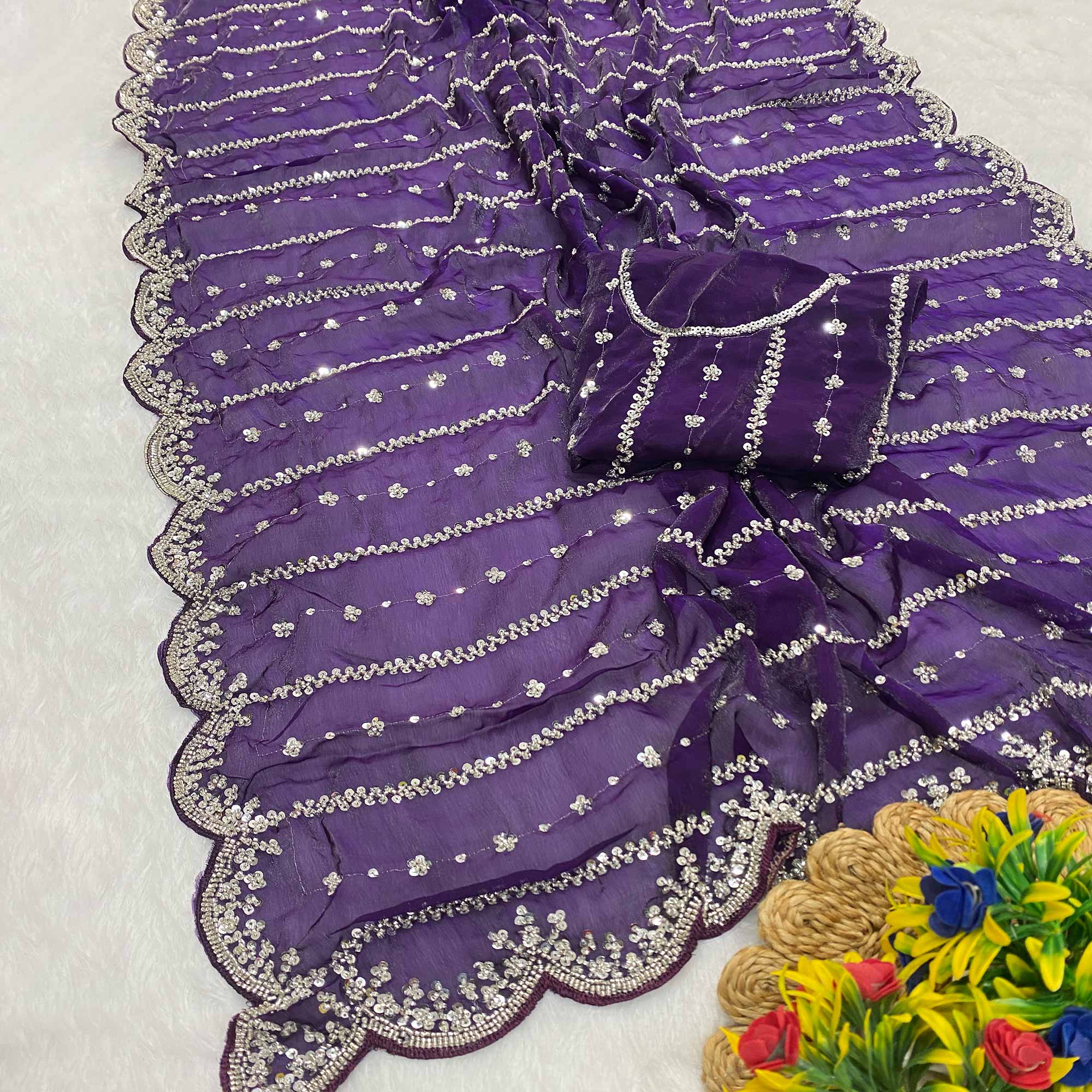 Purple Designer Satin Partywear Saree Enhanced with Sparkling Sequins Work