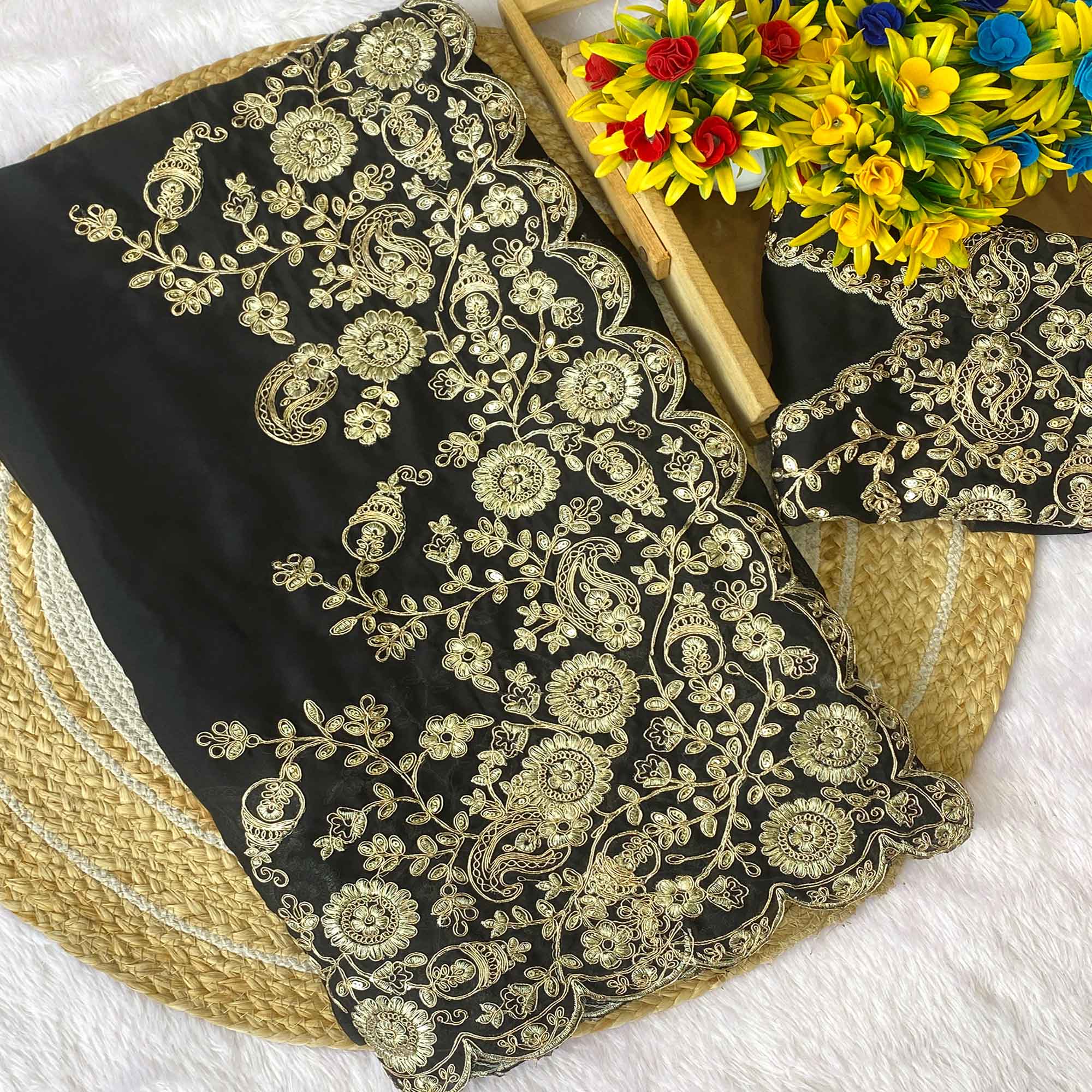 Black Floral Cording Embroidered Saree With Sparkling Sequins On Satin Rangoli Fabric