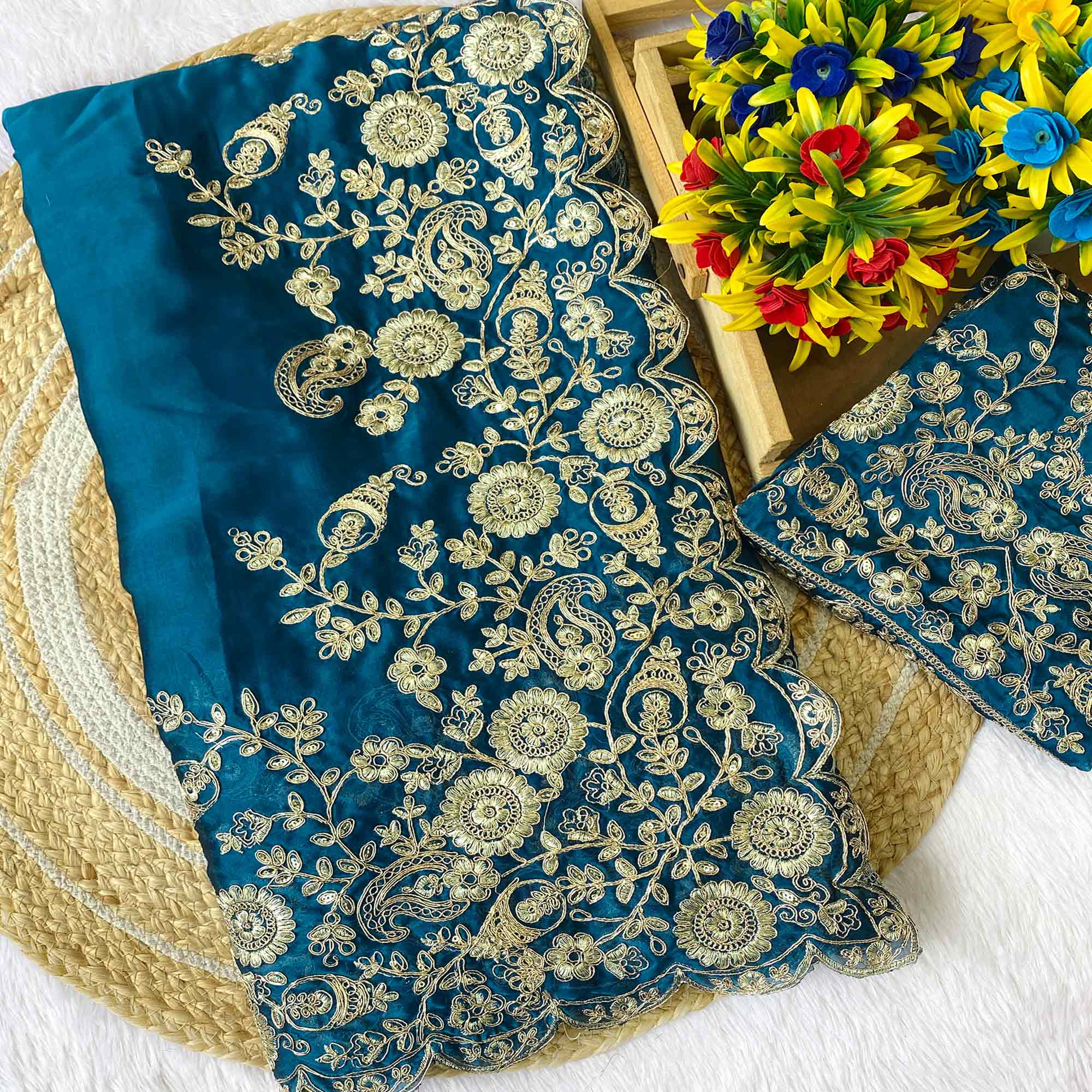 Blue Floral Cording Embroidered Saree With Sparkling Sequins On Satin Rangoli Fabric