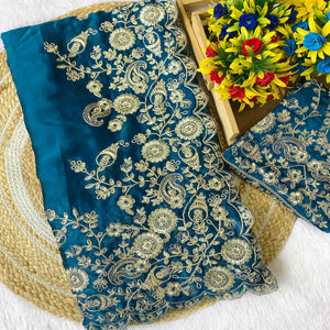 Blue Floral Cording Embroidered Saree With Sparkling Sequins On Satin Rangoli Fabric