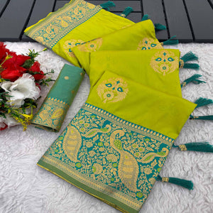 Green Banarasi Paithani Silk Saree With Floral Zari Weaving & Tassel Pallu