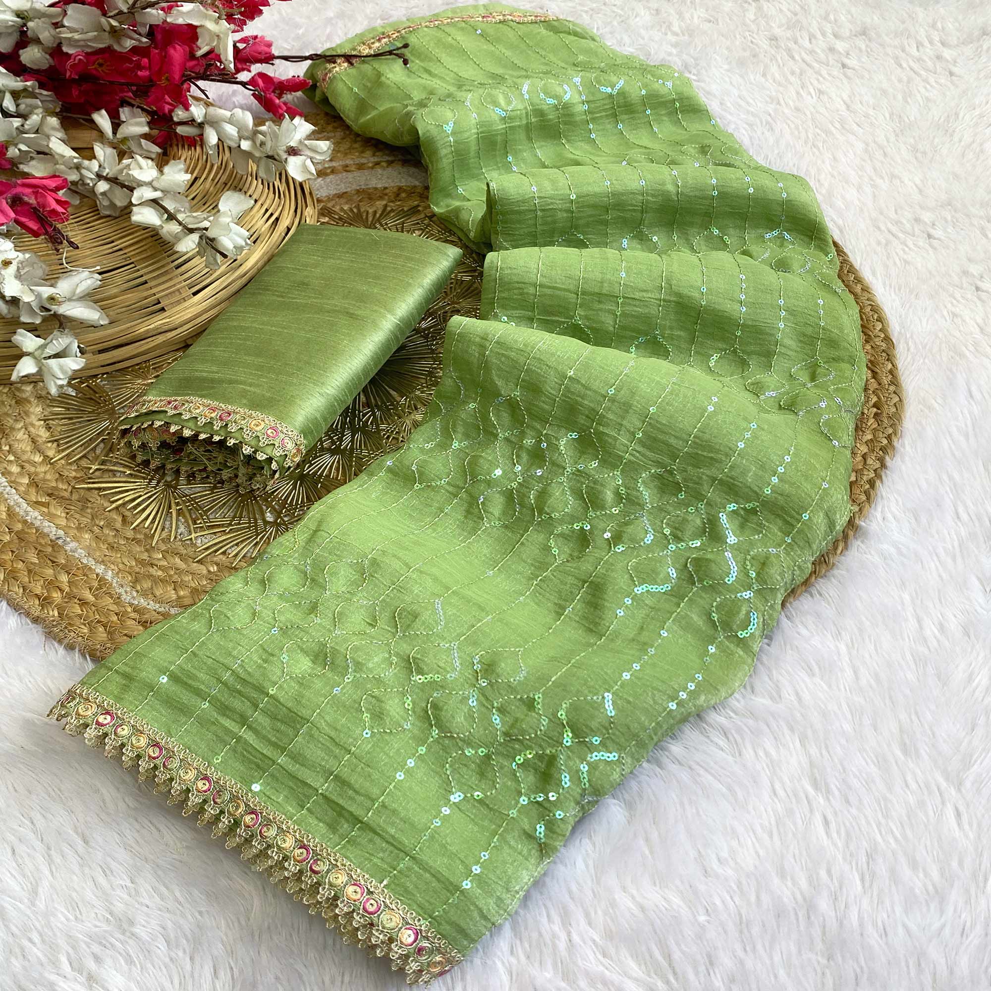 Green Crunchy Saree With Sequins Embroidery & Delicate Lace Border
