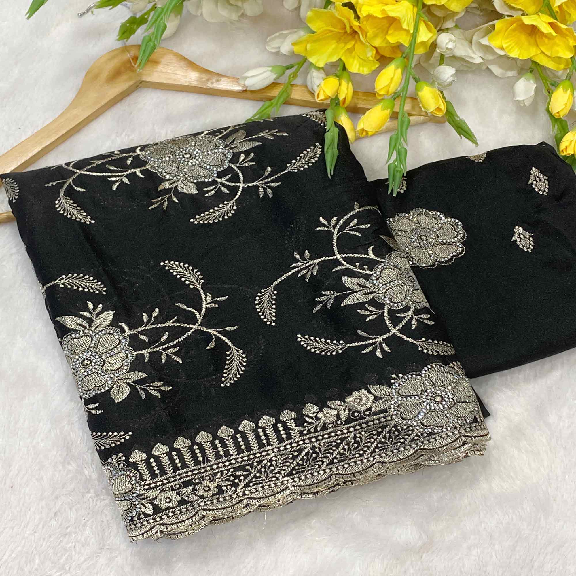 Black Georgette Saree Exquisite Star Embroidery Party Ready Ethnic