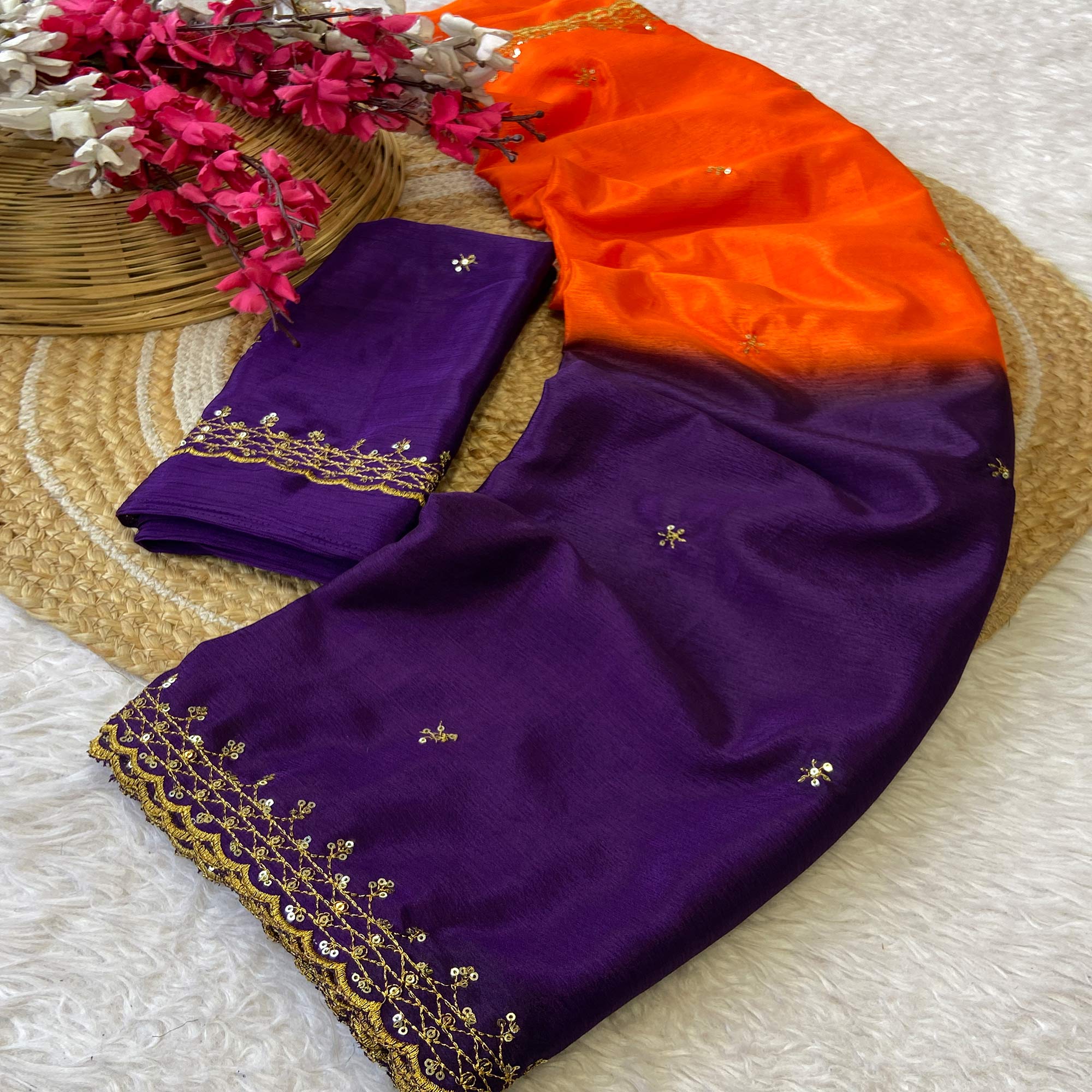 Purple & Orange Chinon Saree With Delicate Floral Sequins Work And Lace Border