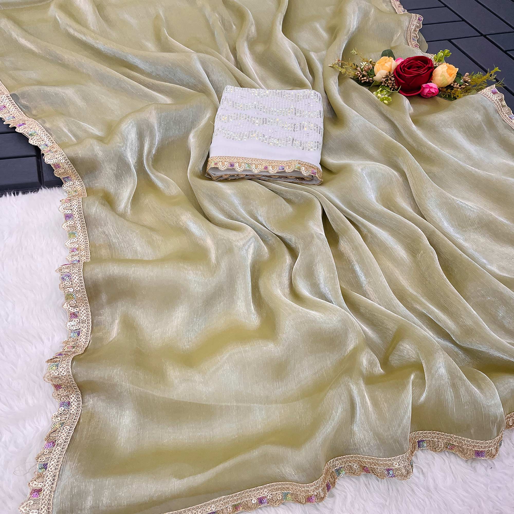 Chikoo Solid Satin Burberry Saree With Sparkling Sequins Embroidered Lace Border