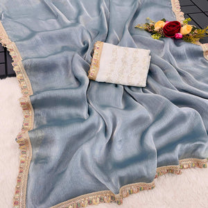 Grey Solid Satin Burberry Saree With Sparkling Sequins Embroidered Lace Border