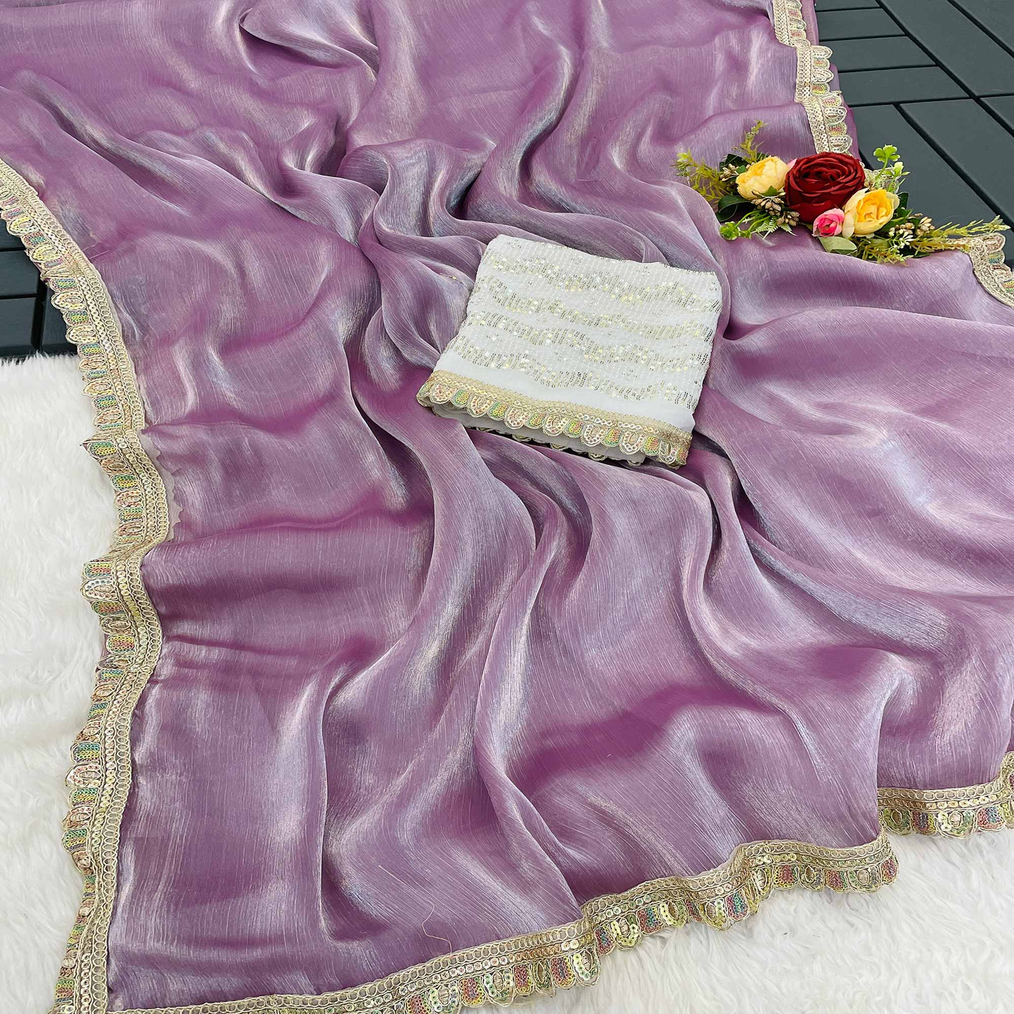 Lavender Solid Satin Burberry Saree With Sparkling Sequins Embroidered Lace Border