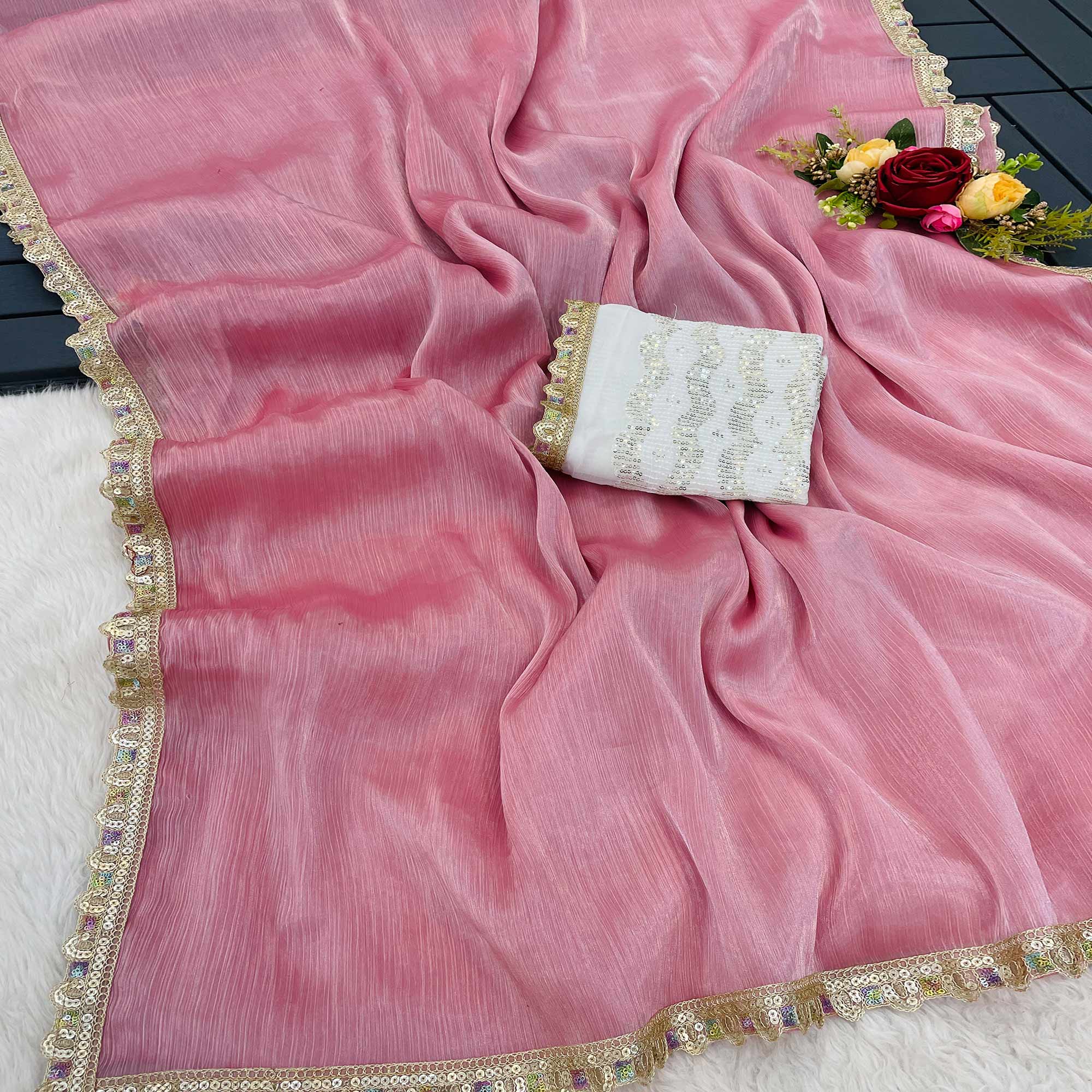 Pink Solid Satin Burberry Saree With Sparkling Sequins Embroidered Lace Border