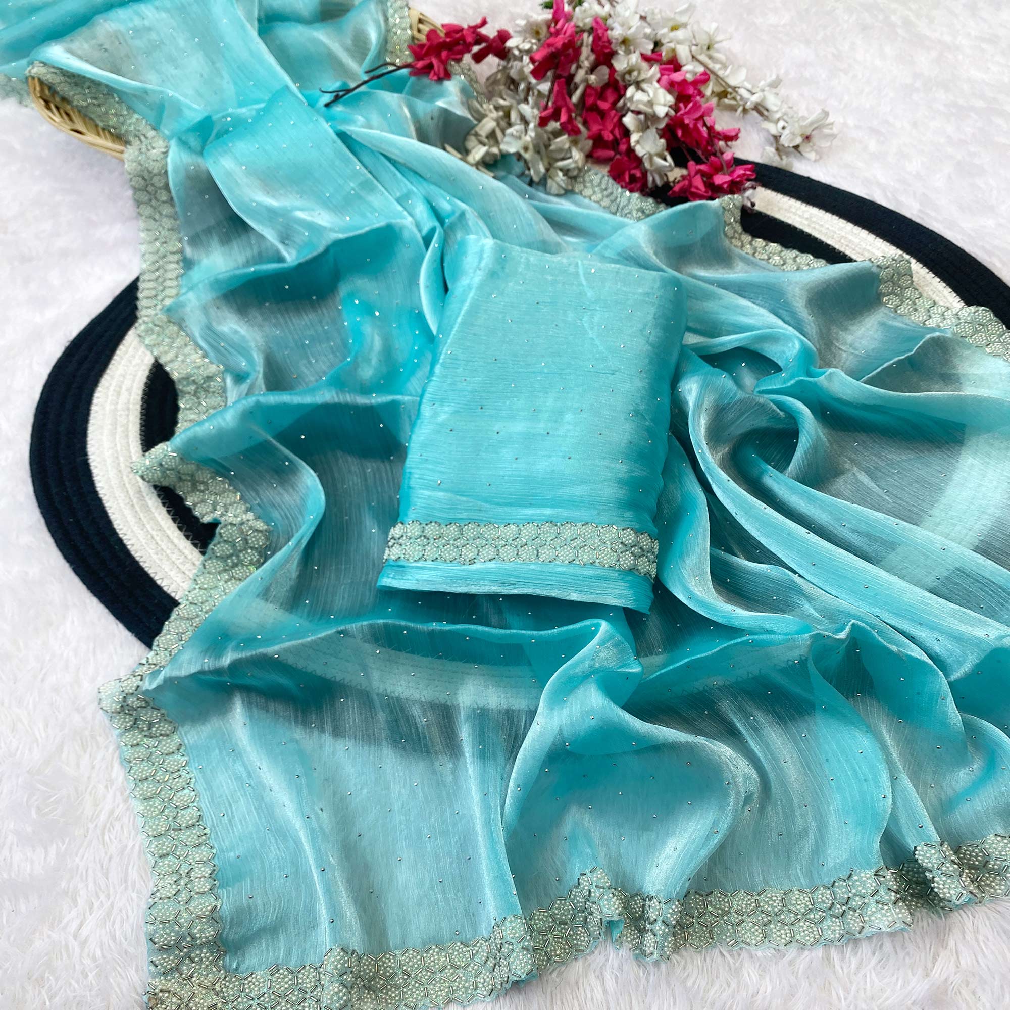 Blue Satin Burberry Saree Adorned With Sparkling Swarovski & Elegant Moti Work Border