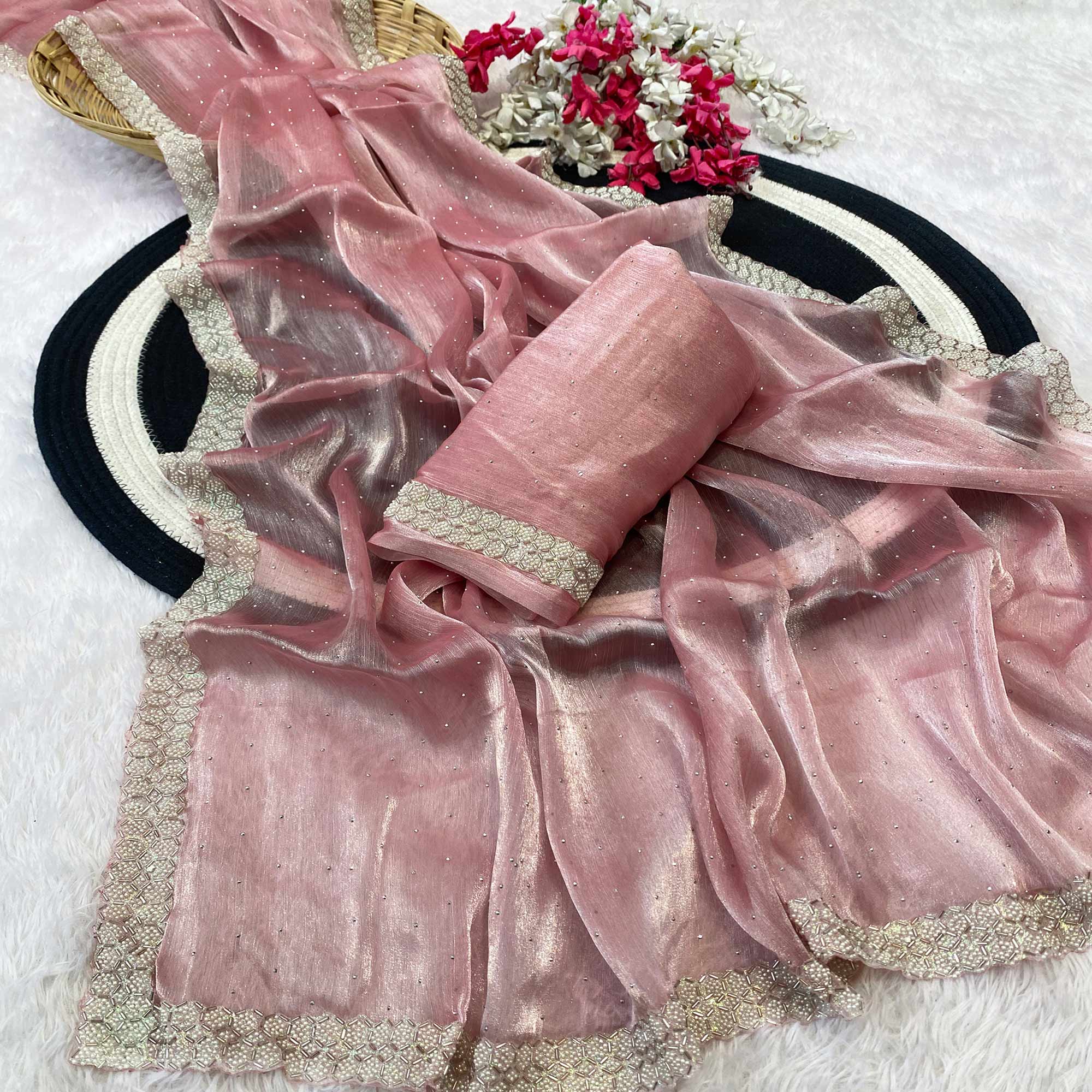 Gajari Pink Satin Burberry Saree Adorned With Sparkling Swarovski & Elegant Moti Work Border