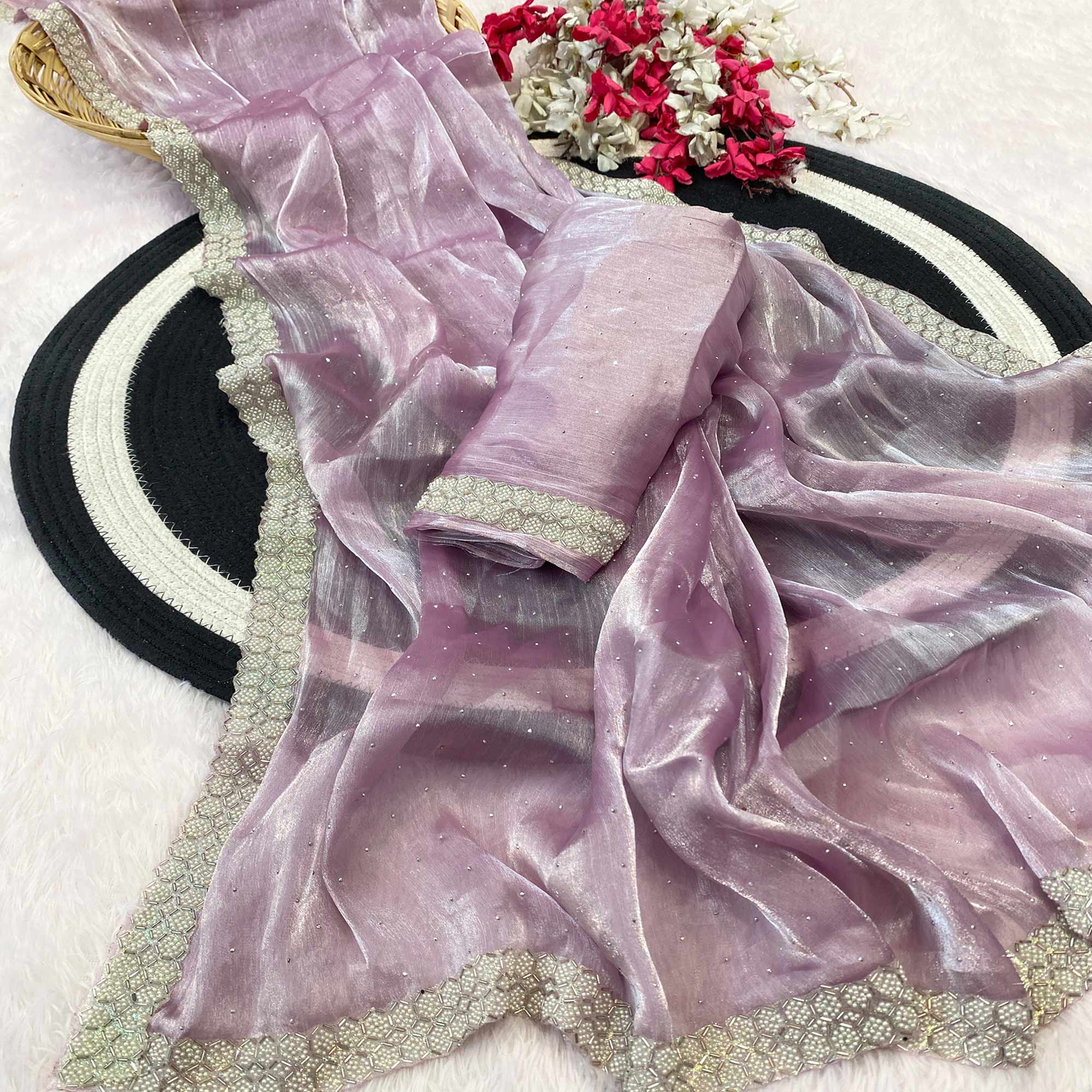 Lavender Satin Burberry Saree Adorned With Sparkling Swarovski & Elegant Moti Work Border