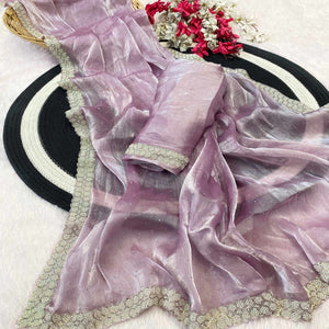 Lavender Satin Burberry Saree Adorned With Sparkling Swarovski & Elegant Moti Work Border