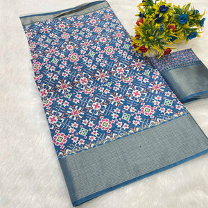 Blue Dola Silk Saree Featuring Traditional Patan Patola Print