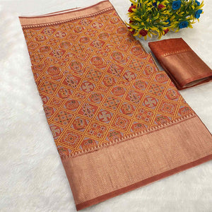 Light Brown Dola Silk Saree Featuring Traditional Patan Patola Print