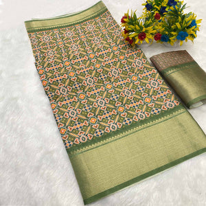 Mehendi Green Dola Silk Saree Featuring Traditional Patan Patola Print