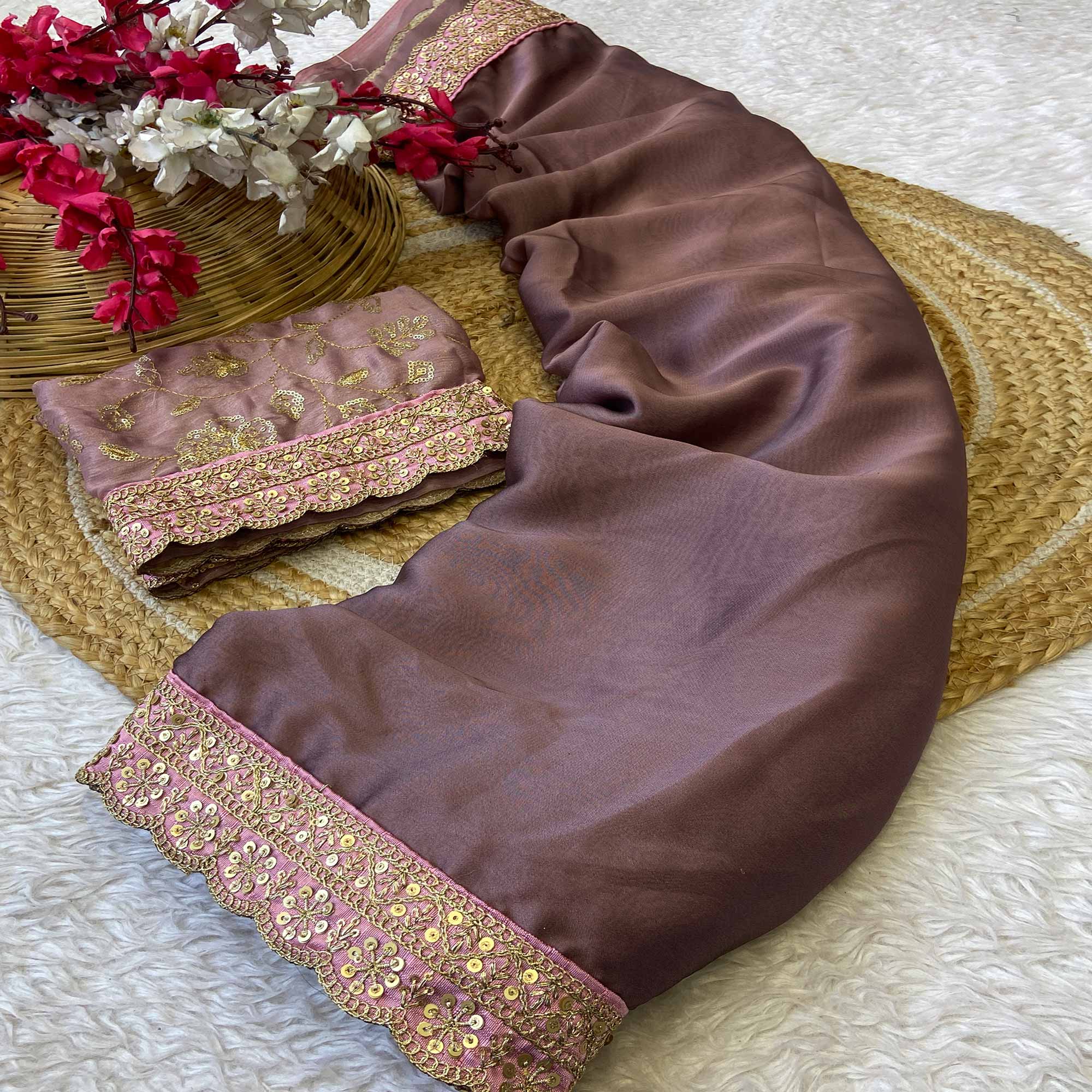 Classic Mauve Solid Saree In Satin Rangoli With Graceful Embroidered Border Detailing