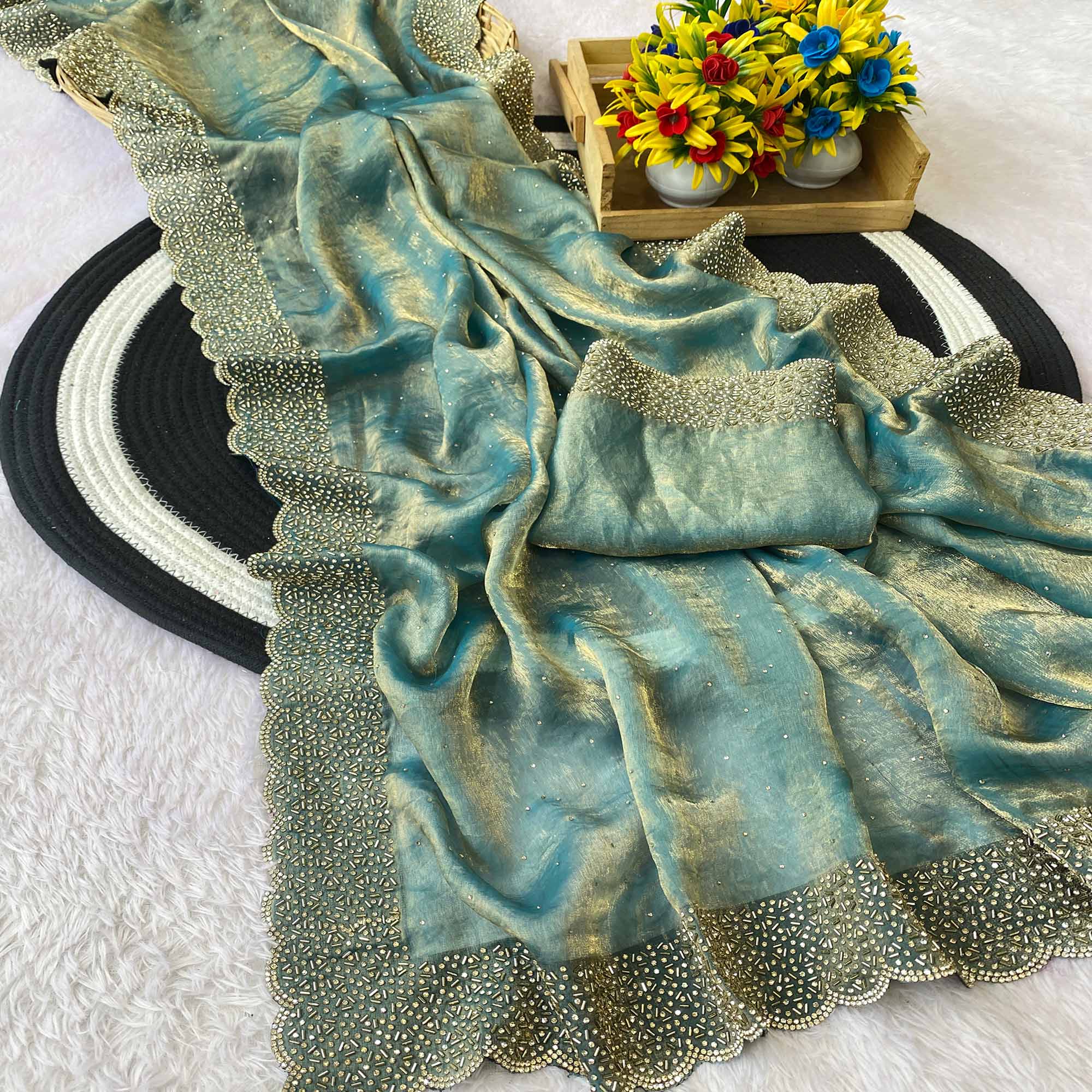 Blue Fandy Satin Saree Featuring Intricate Swarovski Work & Decorative Zarkan Border