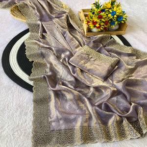 Lavender Fandy Satin Saree Featuring Intricate Swarovski Work & Decorative Zarkan Border