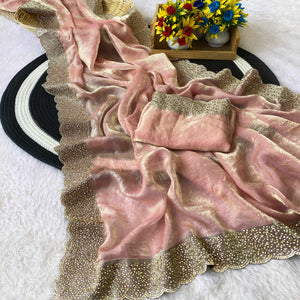 Pink Fandy Satin Saree Featuring Intricate Swarovski Work & Decorative Zarkan Border