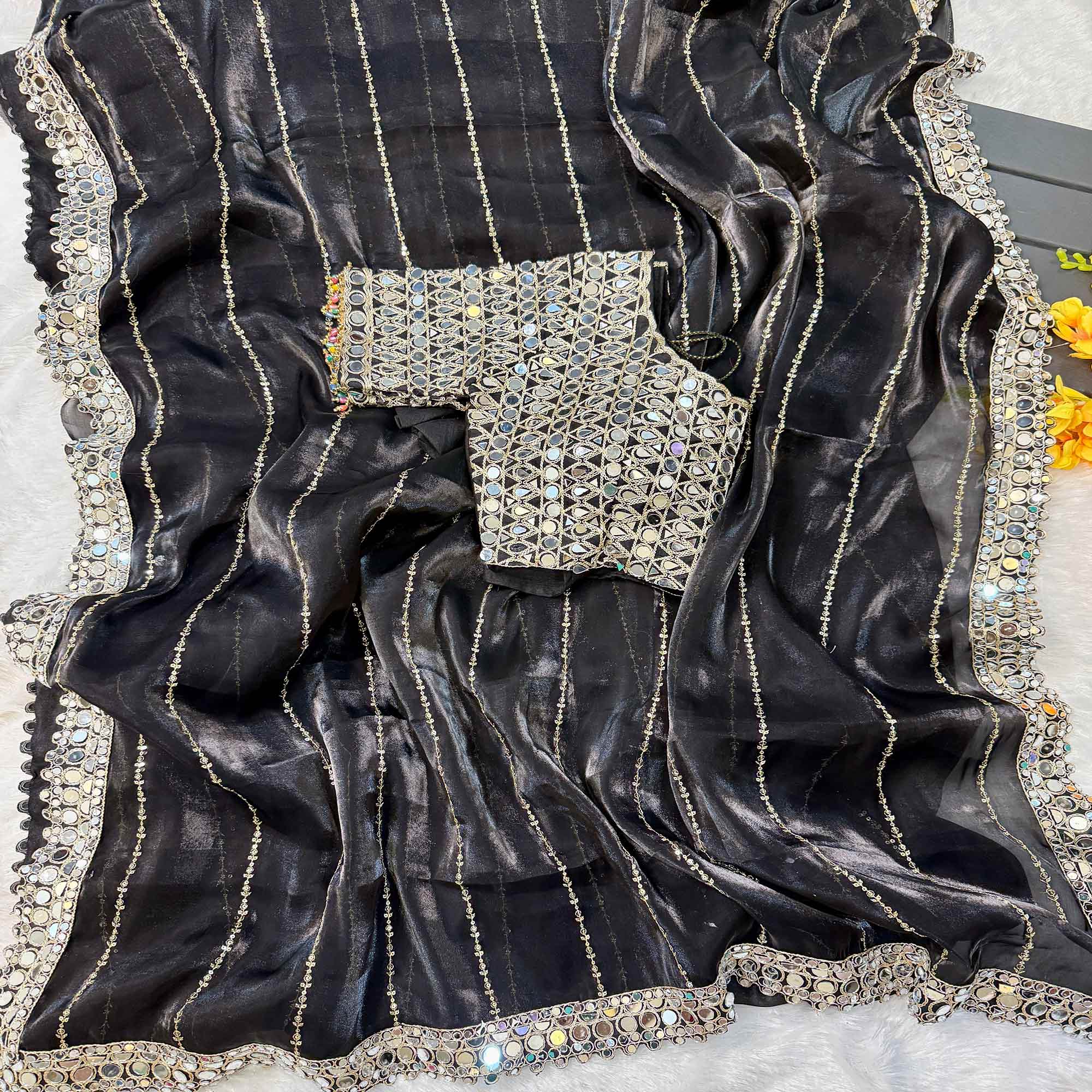 Black Jimmy Choo Satin Saree Adorned With Sequins Embroidery & Mirror Accents
