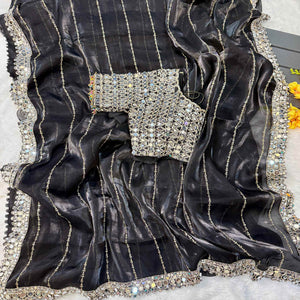 Black Jimmy Choo Satin Saree Adorned With Sequins Embroidery & Mirror Accents