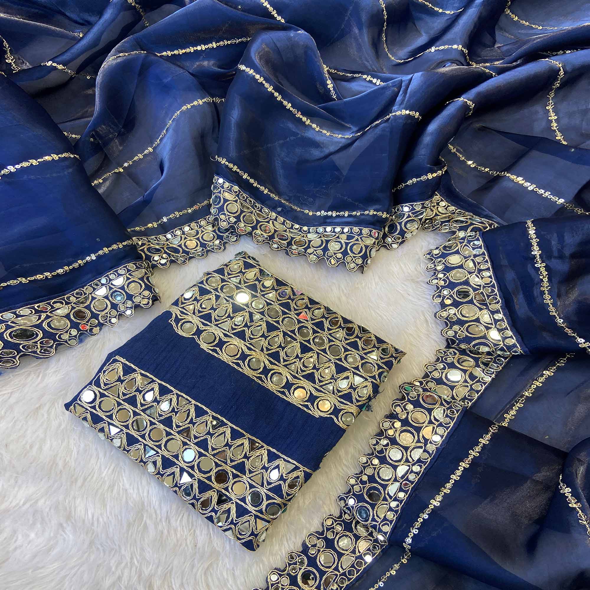 Blue Jimmy Choo Satin Saree Adorned With Sequins Embroidery & Mirror Accents