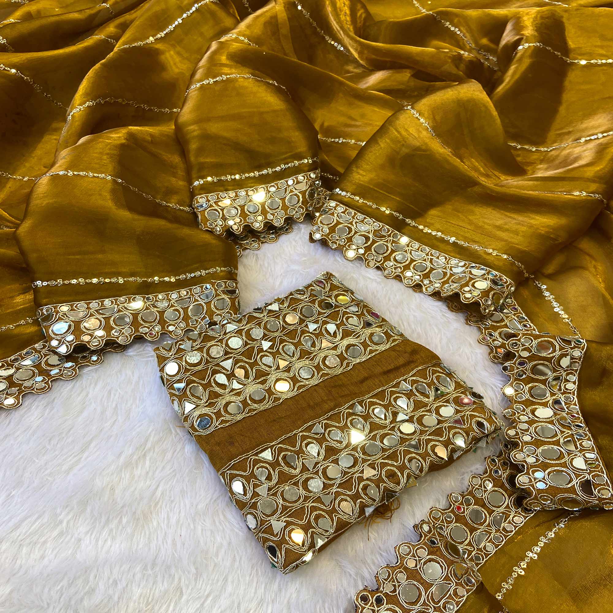 Gold Jimmy Choo Satin Saree Adorned With Sequins Embroidery & Mirror Accents