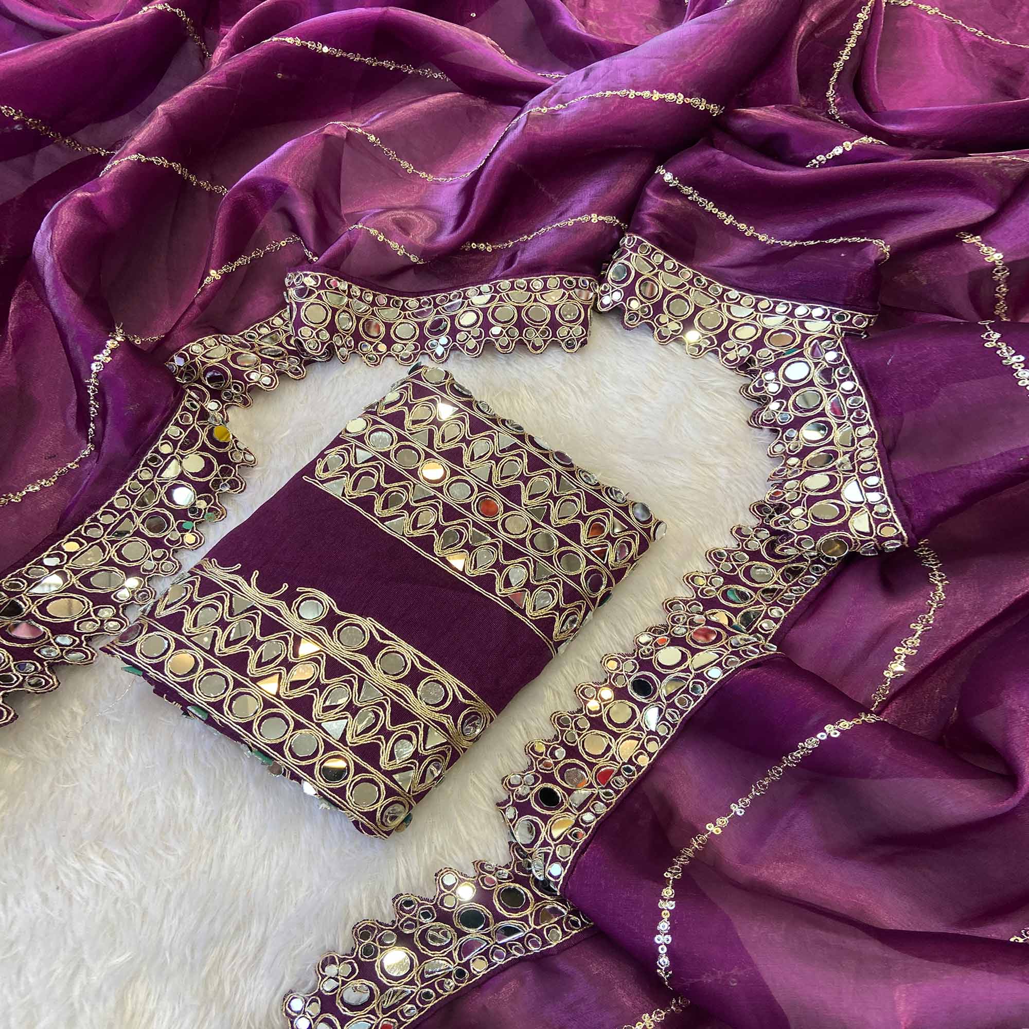 Wine Jimmy Choo Satin Saree Adorned With Sequins Embroidery & Mirror Accents