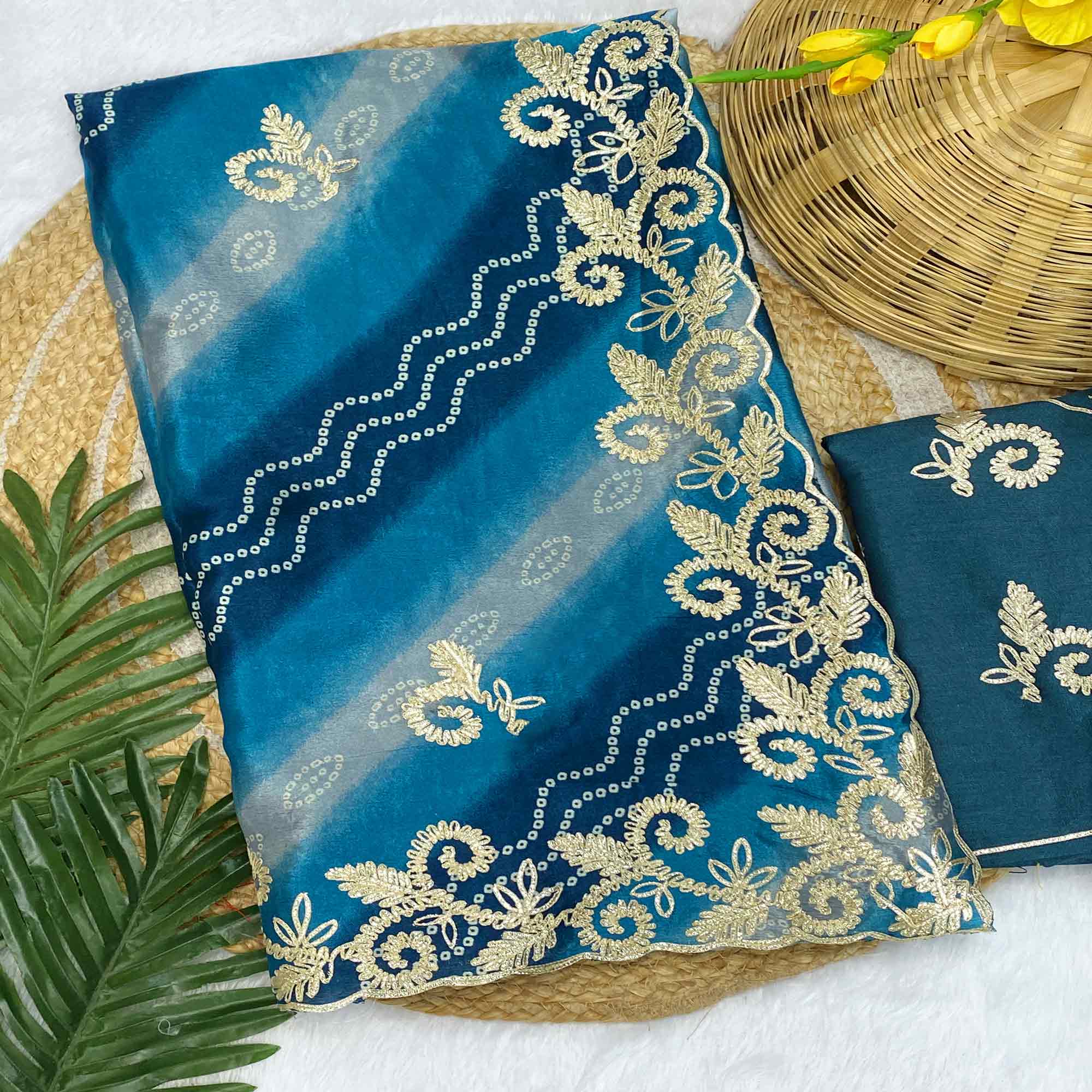 Blue Chinon Saree With Timeless Bandhani Print & Exquisite Gota Patti Embroidery