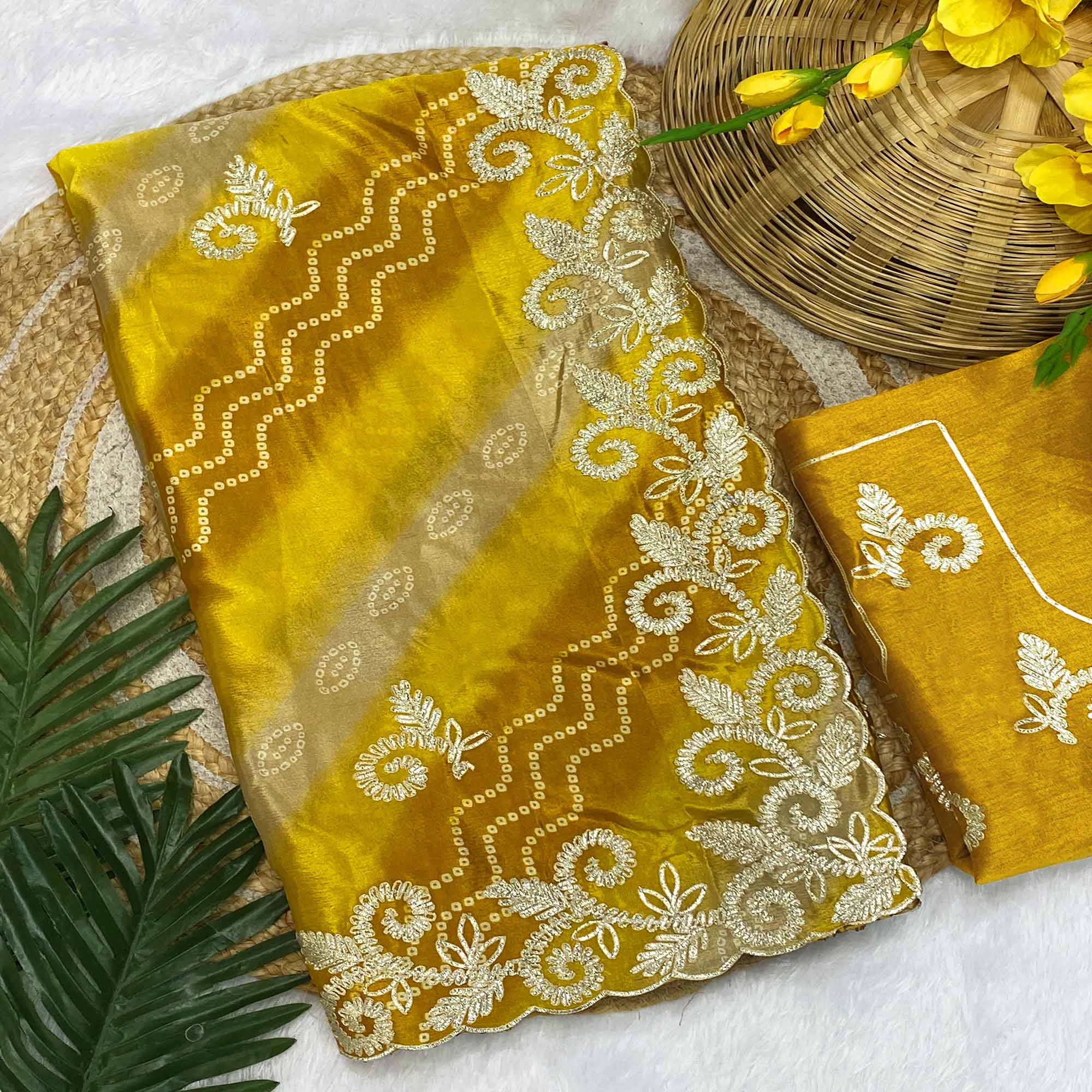 Mustard Chinon Saree With Timeless Bandhani Print & Exquisite Gota Patti Embroidery