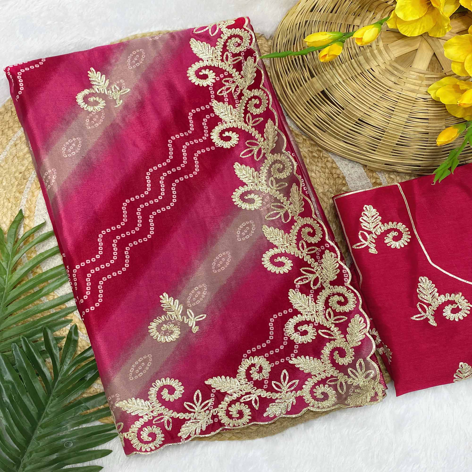 Pink Chinon Saree With Timeless Bandhani Print & Exquisite Gota Patti Embroidery