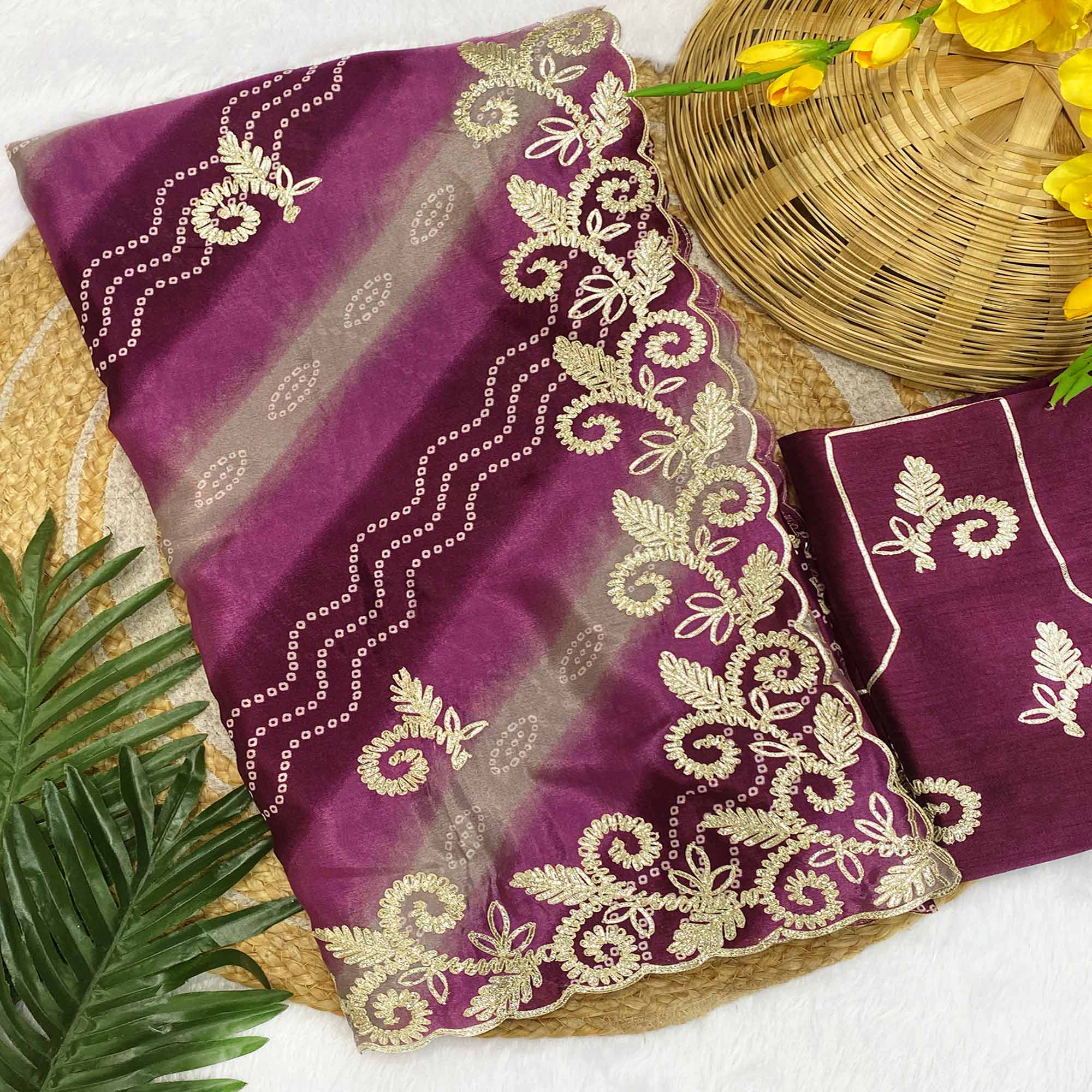 Wine Chinon Saree With Timeless Bandhani Print & Exquisite Gota Patti Embroidery