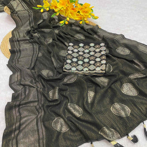 Black Georgette Saree With Shimmering Floral Foil Print & Tassel Accented Pallu