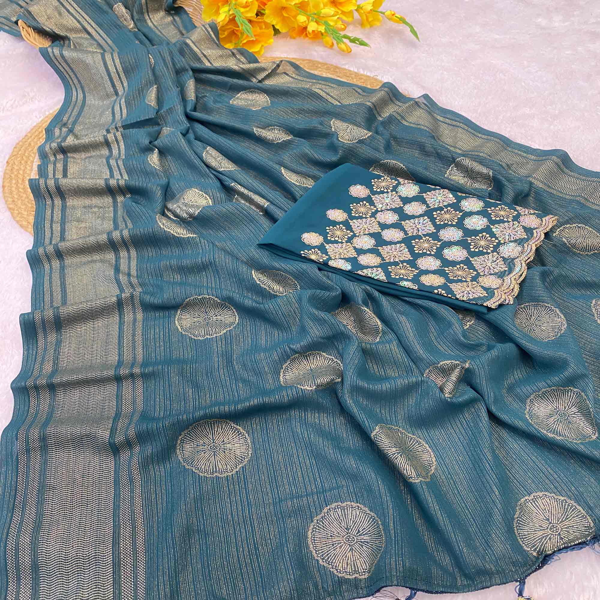 Blue Georgette Saree With Shimmering Floral Foil Print & Tassel Accented Pallu